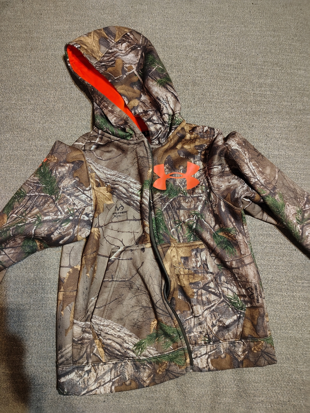 Under Armour Kids Realtree Camo Hooded Jacket with Orange Logo